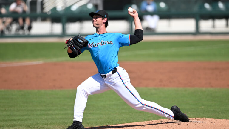 JUPITER, FLORIDA - MARCH 14, 2025: Thomas White #33 of the Miami Marlins throws a pitch during the second inning of a spring training Spring Breakout game against the St. Louis Cardinals at Roger Dean Chevrolet Stadium on March 14, 2025 in Jupiter, Florida. (Photo by Nick Cammett/Diamond Images via Getty Images)