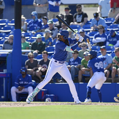 DUNEDIN, FLORIDA - MARCH 17, 2025: Je'Von Ward #95 of the Toronto Blue Jays bats during the eighth inning of a spring training game against the New York Yankees at TD Ballpark on March 17, 2025 in Dunedin, Florida. (Photo by George Kubas/Diamond Images via Getty Images)