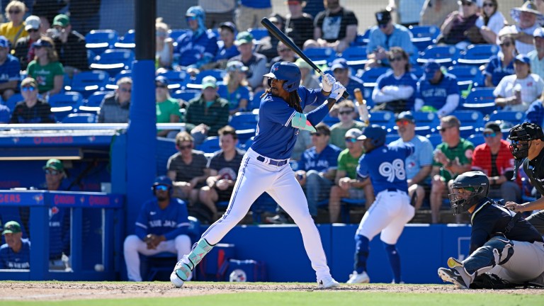 DUNEDIN, FLORIDA - MARCH 17, 2025: Je'Von Ward #95 of the Toronto Blue Jays bats during the eighth inning of a spring training game against the New York Yankees at TD Ballpark on March 17, 2025 in Dunedin, Florida. (Photo by George Kubas/Diamond Images via Getty Images)
