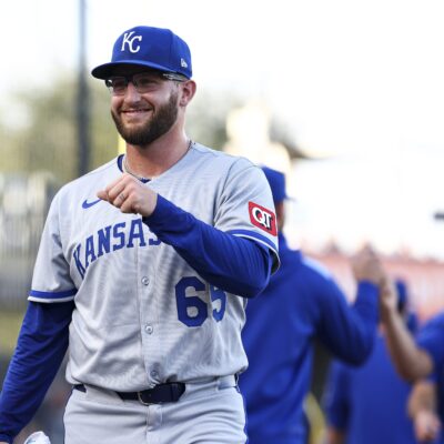 TAMPA, FLORIDA - APRIL 30: Noah Cameron #65 of the Kansas City Royals smiles prior to making his MLB debut during a game against the Tampa Bay Rays at George M. Steinbrenner Field on April 30, 2025 in Tampa, Florida. (Photo by Kevin Sabitus/Getty Images)