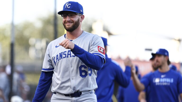 TAMPA, FLORIDA - APRIL 30: Noah Cameron #65 of the Kansas City Royals smiles prior to making his MLB debut during a game against the Tampa Bay Rays at George M. Steinbrenner Field on April 30, 2025 in Tampa, Florida. (Photo by Kevin Sabitus/Getty Images)