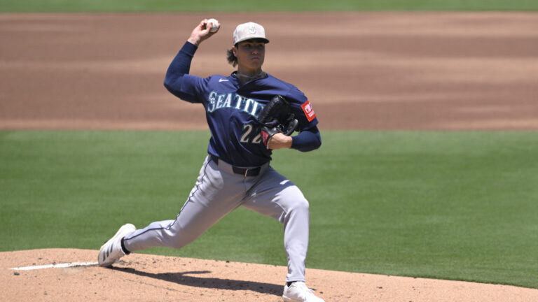 SAN DIEGO, CALIFORNIA - MAY 18: Bryan Woo #22 of the Seattle Mariners pitches against the San Diego Padres during the first inning at Petco Park on May 18, 2025 in San Diego, California. (Photo by Orlando Ramirez/Getty Images)