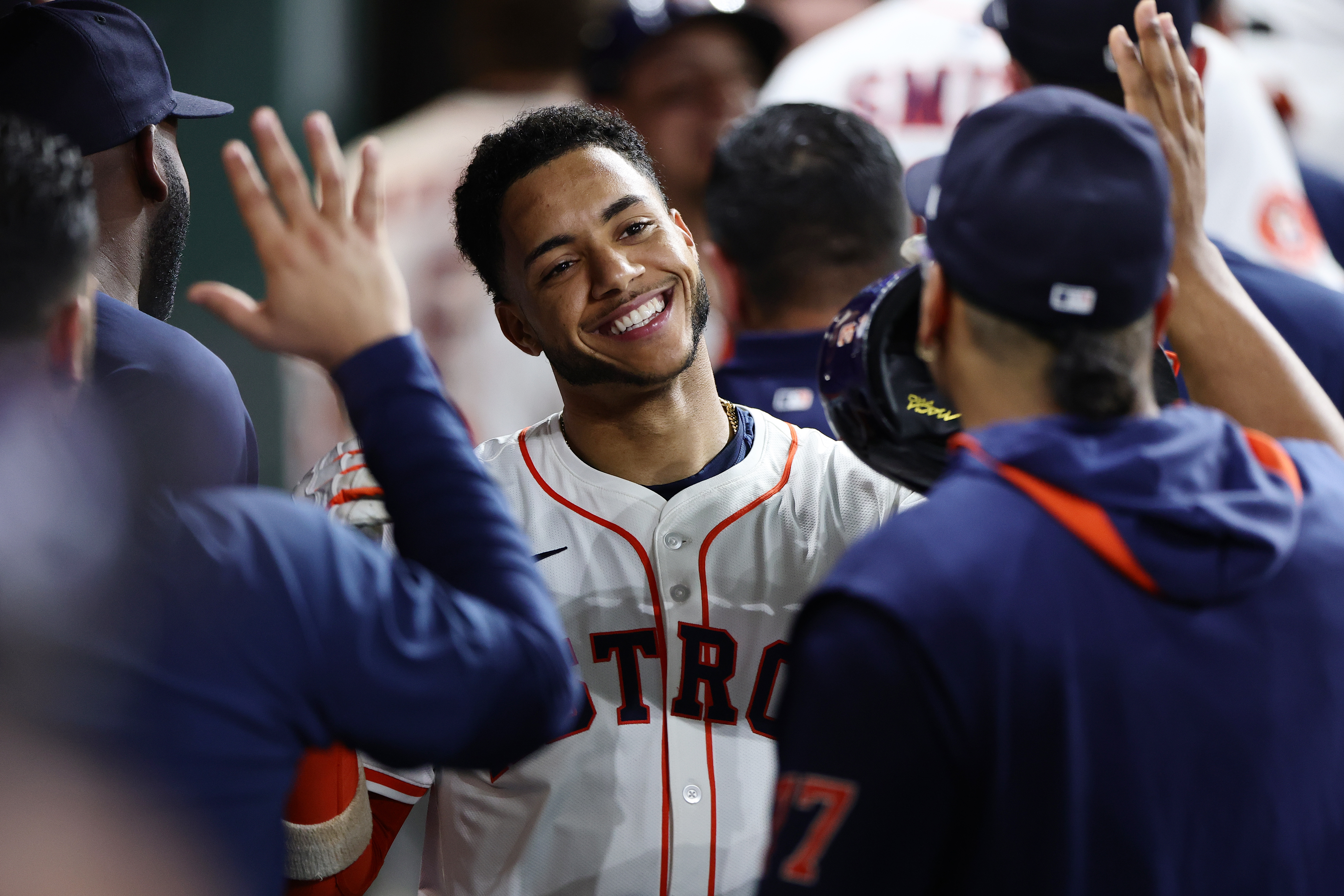 Jeremy Peña of the Houston Astros celebrates after hitting a two-run home run during the second inning against the Athletics at Daikin Park.