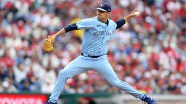 PHILADELPHIA, PENNSYLVANIA - JUNE 14: Brendon Little #54 of the Toronto Blue Jays throws a pitch in the fourth inning during a game against the Philadelphia Phillies at Citizens Bank Park on June 14, 2025 in Philadelphia, Pennsylvania. The Phillies won 3-2. (Photo by Hunter Martin/Getty Images)