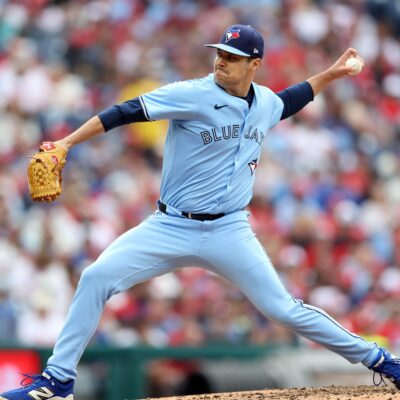 PHILADELPHIA, PENNSYLVANIA - JUNE 14: Brendon Little #54 of the Toronto Blue Jays throws a pitch in the fourth inning during a game against the Philadelphia Phillies at Citizens Bank Park on June 14, 2025 in Philadelphia, Pennsylvania. The Phillies won 3-2. (Photo by Hunter Martin/Getty Images)