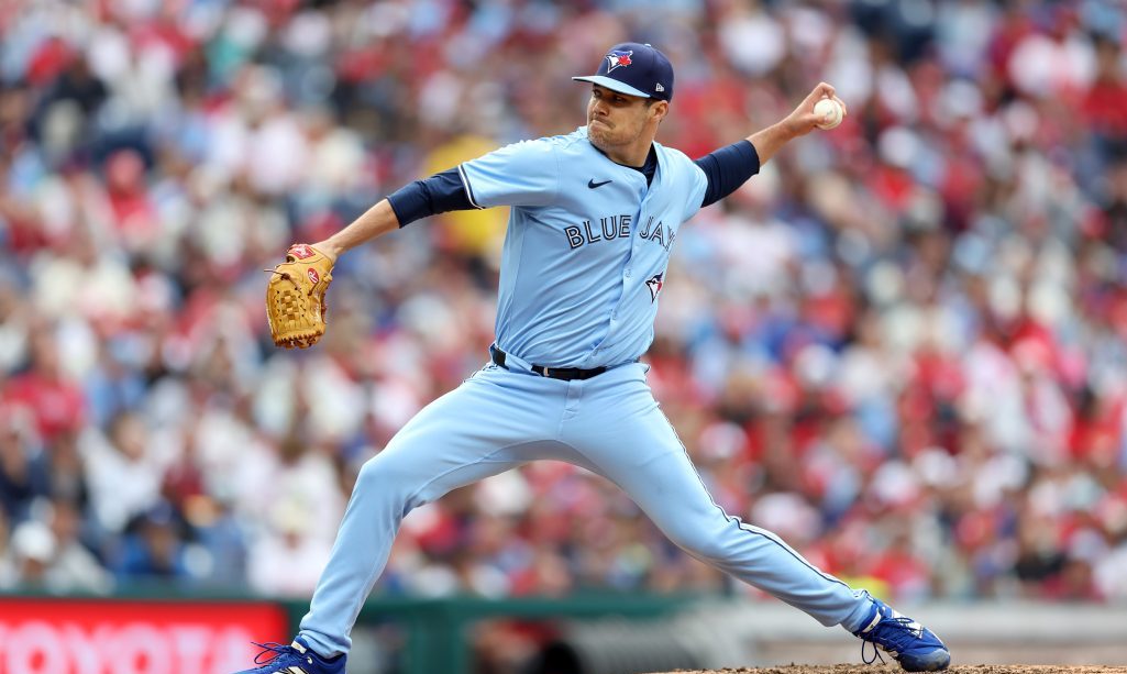 PHILADELPHIA, PENNSYLVANIA - JUNE 14: Brendon Little #54 of the Toronto Blue Jays throws a pitch in the fourth inning during a game against the Philadelphia Phillies at Citizens Bank Park on June 14, 2025 in Philadelphia, Pennsylvania. The Phillies won 3-2. (Photo by Hunter Martin/Getty Images)