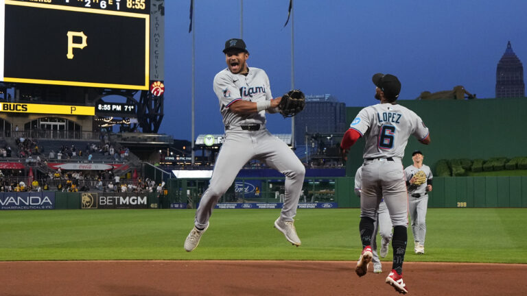PITTSBURGH, PENNSYLVANIA - JUNE 10: Dane Myers #54 of the Miami Marlins and Otto Lopez #6 of the Miami Marlins celebrate after defeating the Pittsburgh Pirates at PNC Park on June 10, 2025 in Pittsburgh, Pennsylvania. (Photo by Jasen Vinlove/Miami Marlins/Getty Images)