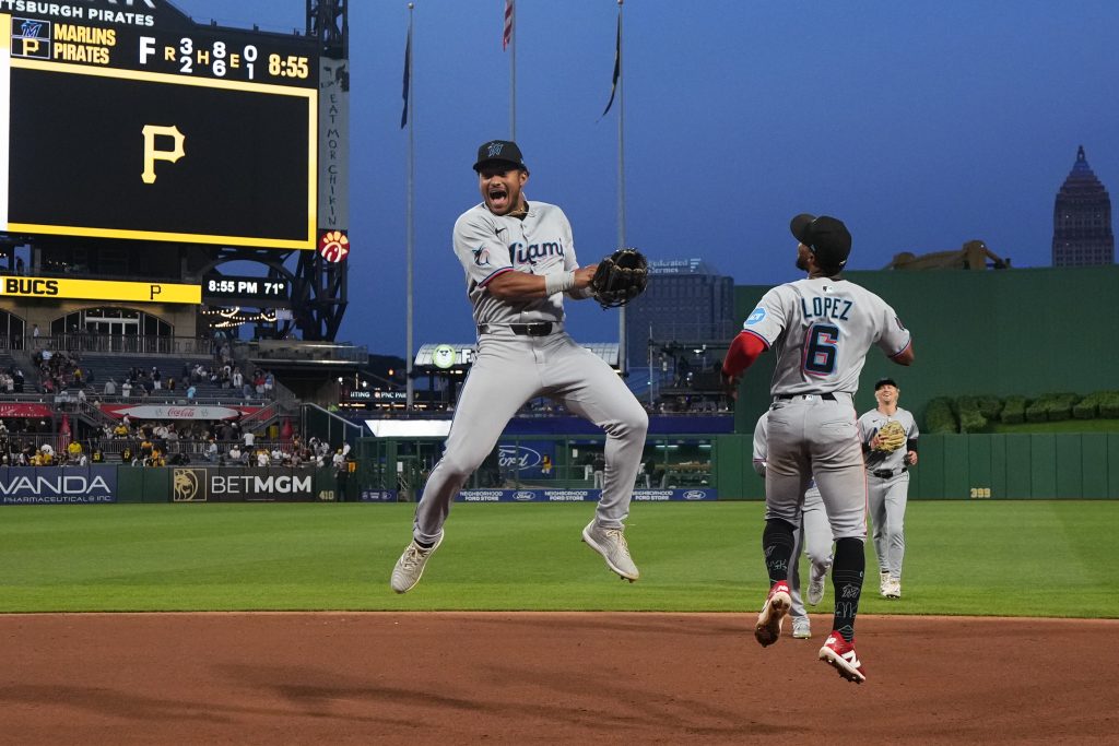 PITTSBURGH, PENNSYLVANIA - JUNE 10: Dane Myers #54 of the Miami Marlins and Otto Lopez #6 of the Miami Marlins celebrate after defeating the Pittsburgh Pirates at PNC Park on June 10, 2025 in Pittsburgh, Pennsylvania. (Photo by Jasen Vinlove/Miami Marlins/Getty Images)
