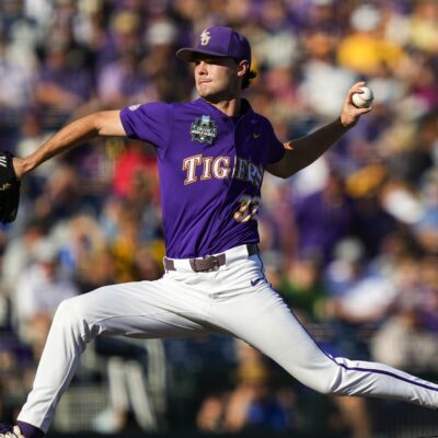 OMAHA, NEBRASKA - JUNE 21: Kade Anderson #32 of the LSU Tigers pitches during the first inning against the Coastal Carolina Chanticleers at Charles Schwab Field on June 21, 2025 in Omaha, Nebraska. (Photo by Jay Biggerstaff/Getty Images)