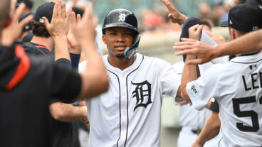 DETROIT, MI - JUNE 26: Wenceel Pérez #46 of the Detroit Tigers celebrates with teammates in the dugout after scoring during the game between the Athletics and the Detroit Tigers at Comerica Park on Thursday, June 26, 2025 in Detroit, Michigan. (Photo by Monica Bradburn/MLB Photos via Getty Images)