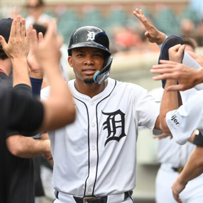 DETROIT, MI - JUNE 26: Wenceel Pérez #46 of the Detroit Tigers celebrates with teammates in the dugout after scoring during the game between the Athletics and the Detroit Tigers at Comerica Park on Thursday, June 26, 2025 in Detroit, Michigan. (Photo by Monica Bradburn/MLB Photos via Getty Images)