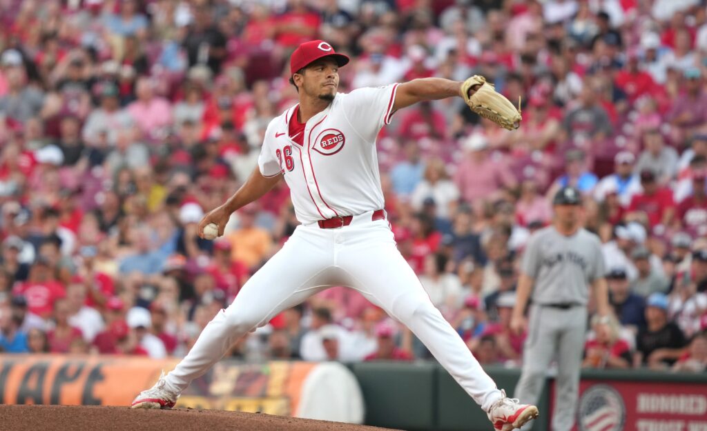 CINCINNATI, OHIO - JUNE 24: Chase Burns #26 of the Cincinnati Reds makes his MLB Debut while pitching in the first inning against the New York Yankees at Great American Ball Park on June 24, 2025 in Cincinnati, Ohio. (Photo by Jason Mowry/Getty Images)