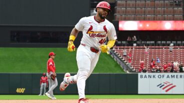 ST. LOUIS, MO -APRIL 02: St. Louis Cardinals catcher Ivan Herrera (48) runs the bases after hitting a three-run home run, his third of the day, during a major league baseball game between the Los Angeles Angels and the St. Louis Cardinals on April 02, 2025, at Busch Stadium in St. Louis, MO. (Photo by Keith Gillett/Icon Sportswire via Getty Images)