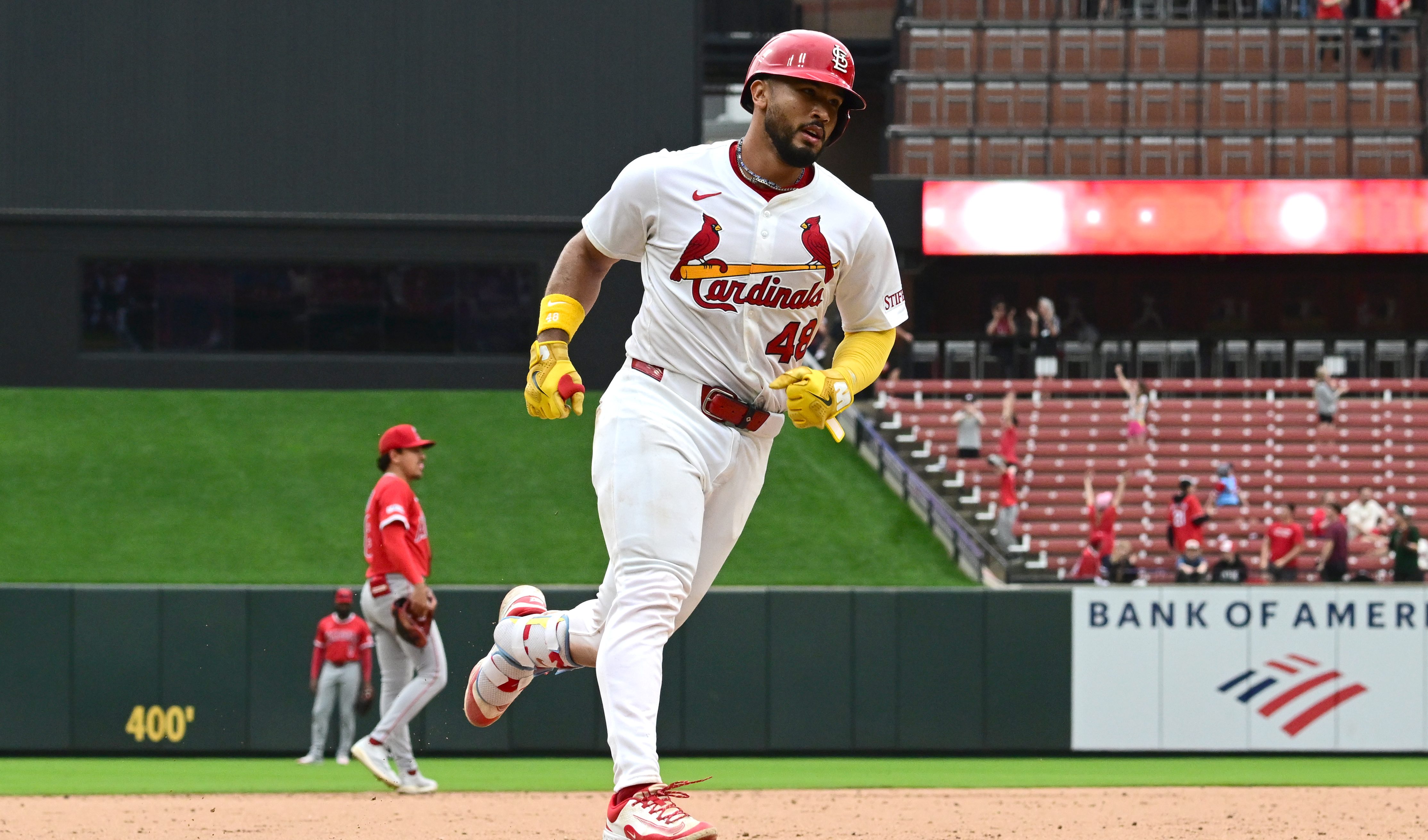 ST. LOUIS, MO -APRIL 02: St. Louis Cardinals catcher Ivan Herrera (48) runs the bases after hitting a three-run home run, his third of the day, during a major league baseball game between the Los Angeles Angels and the St. Louis Cardinals on April 02, 2025, at Busch Stadium in St. Louis, MO. (Photo by Keith Gillett/Icon Sportswire via Getty Images)