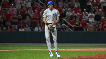 Duke pitcher James Tallon is pumped up in the eighth inning of the NCAA Division I regional baseball game between the Duke Blue Devils and the Georgia Bulldogs.