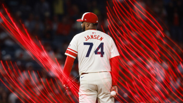 Kenley Jansen of the Los Angeles Angels looks on during the game between the Seattle Mariners and the Los Angeles Angels at Angel Stadium of Anaheim.