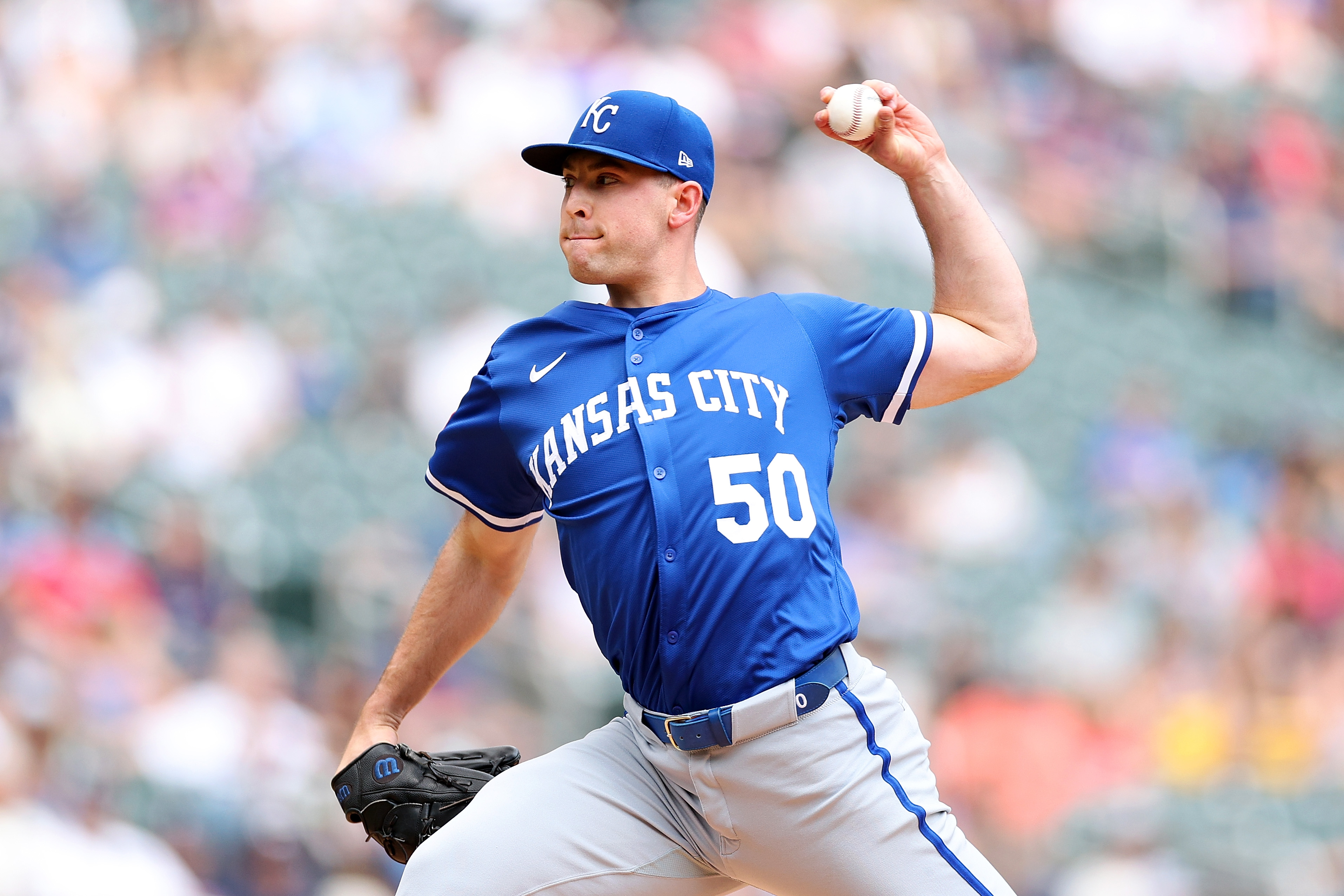MINNEAPOLIS, MINNESOTA - MAY 25: Kris Bubic #50 of the Kansas City Royals delivers a pitch against the Minnesota Twins in the first inning at Target Field on May 25, 2025 in Minneapolis, Minnesota. (Photo by David Berding/Getty Images)