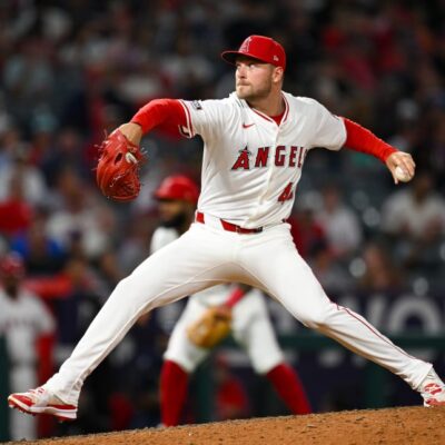 ANAHEIM, CALIFORNIA - JUNE 24: Reid Detmers #48 of Los Angeles Angels pitches in the top of the tenth inning during the game against the Boston Red Sox at Angel Stadium of Anaheim on June 24, 2025 in Anaheim, California. (Photo by Gene Wang/Getty Images)