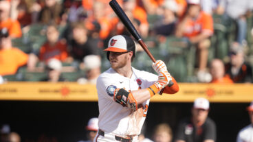 Ryan O'Hearn of the Baltimore Orioles prepares for a pitch during a baseball game against the St. Louis Cardinals at Oriole Park at Camden Yards.