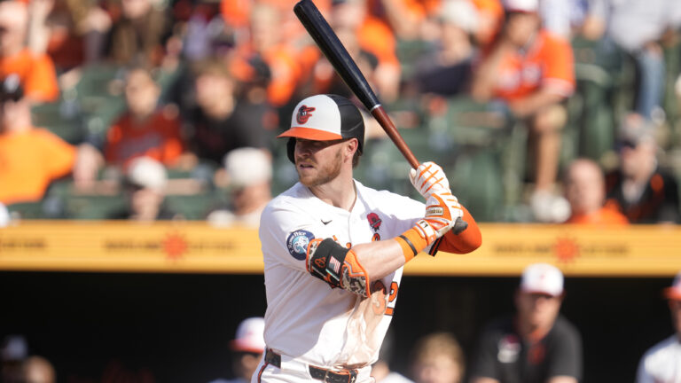 Ryan O'Hearn of the Baltimore Orioles prepares for a pitch during a baseball game against the St. Louis Cardinals at Oriole Park at Camden Yards.