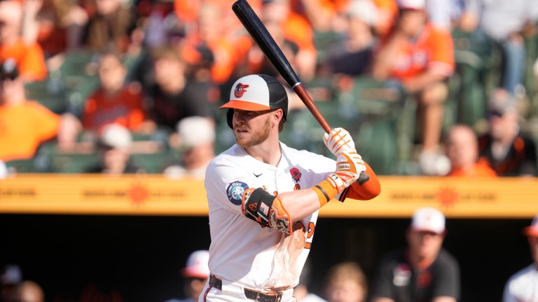 Ryan O'Hearn of the Baltimore Orioles prepares for a pitch during a baseball game against the St. Louis Cardinals at Oriole Park at Camden Yards.