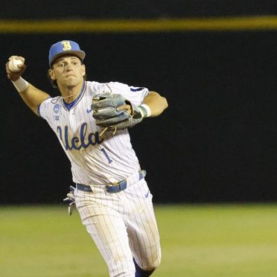 UCLA infielder Roch Cholowsky fields the ball at the NCAA baseball regional tournament game between UCLA and UC Irvine at Jackie Robinson Stadium.
