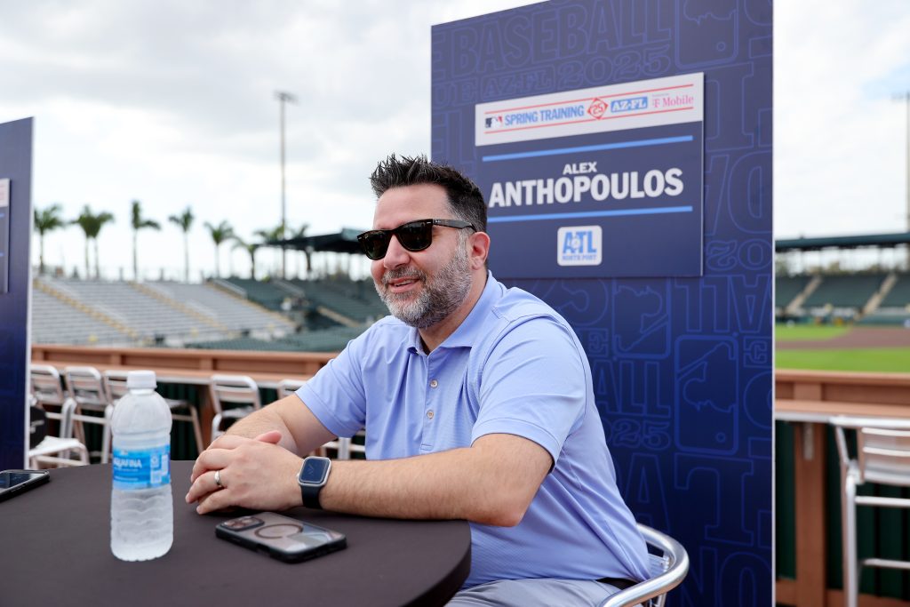 BRADENTON, FL - FEBRUARY 14:  Atlanta Braves President, Baseball Operations & General Manager Alex Anthopoulos talks to the media during the 2025 Grapefruit League Spring Training Media Day at Pirate City on Friday, February 14, 2025 in Bradenton, Florida. (Photo by Mike Carlson/MLB Photos via Getty Images)