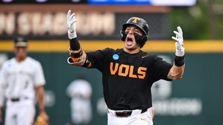 KNOXVILLE, TN - JUNE 01: Tennessee Volunteers infielder Andrew Fischer (11) celebrates his home run during the NCAA Division I Regional Tournament baseball game between the Tennessee Volunteers and the Wake Forest Demon Deacons on June 1, 2025, at Lindsey Nelson Stadium in Knoxville, TN. (Photo by Bryan Lynn/Icon Sportswire via Getty Images)