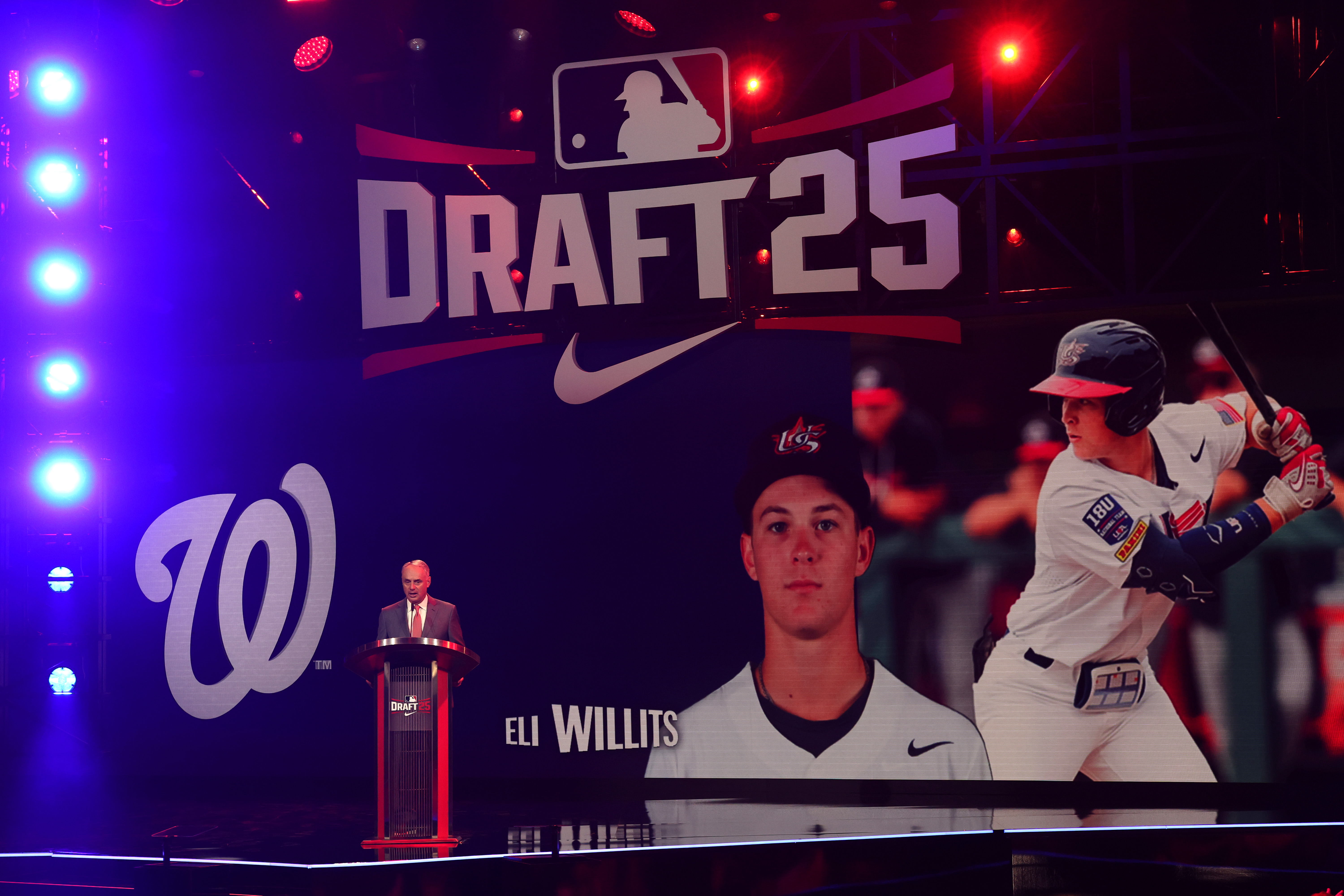 ATLANTA, GEORGIA - JULY 13: Major League Baseball commissioner Robert D. Manfred Jr. announces Eli Willits as the first overall pick in the first round of the 2025 MLB Draft, selected by the Washington Nationals, at Coca-Cola Roxy on July 13, 2025 in Atlanta, Georgia. (Photo by Jamie Squire/Getty Images)