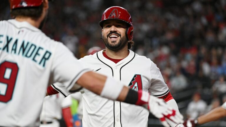 PHOENIX, ARIZONA - JULY 20: Eugenio Suarez #28 of the Arizona Diamondbacks celebrates after hitting a three run home run against the St. Louis Cardinals during the first inning at Chase Field on July 20, 2025 in Phoenix, Arizona. (Photo by Norm Hall/Getty Images)