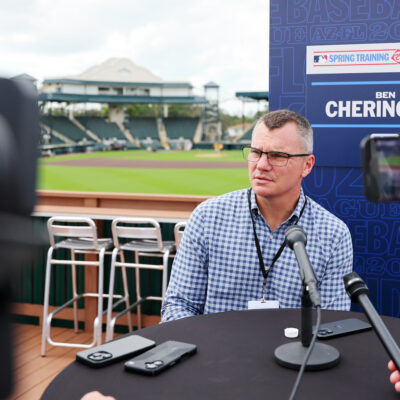 BRADENTON, FL - FEBRUARY 14: Pittsburgh Pirates General Manager Ben Cherington talks to the media during the 2025 Grapefruit League Spring Training Media Day at Pirate City on Friday, February 14, 2025 in Bradenton, Florida. (Photo by Mike Carlson/MLB Photos via Getty Images)