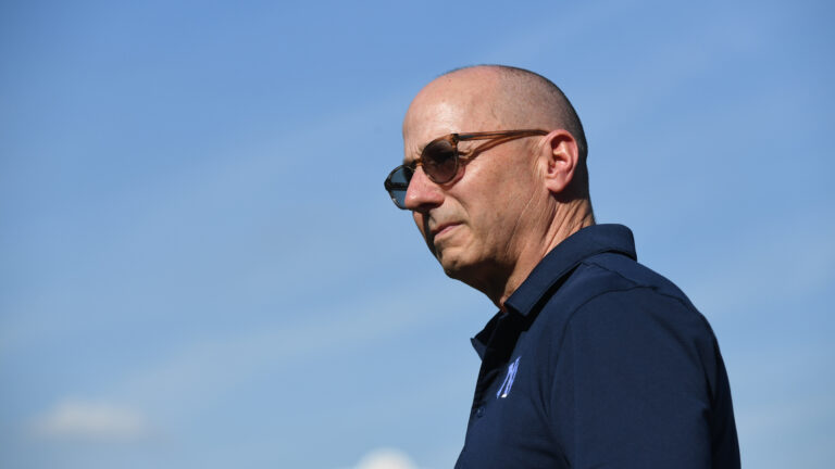 TAMPA, FLORIDA - MARCH 14: Brian Cashman, general manager and senior vice president of the New York Yankees, before a spring training game against the Philadelphia Phillies at George M. Steinbrenner Field on March 14, 2025 in Tampa, Florida. (Photo by Mark Taylor/Getty Images)