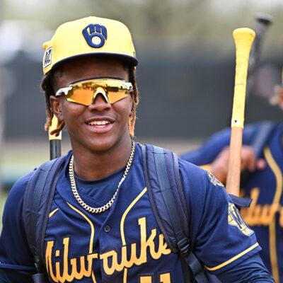 GLENDALE, ARIZONA - MARCH 13, 2025: Jesús Made #11 of the Milwaukee Brewers looks on after a minor league spring training game against the Chicago White Sox at Camelback Ranch on March 13, 2025 in Glendale, Arizona. (Photo by Chris Bernacchi/Diamond Images via Getty Images)