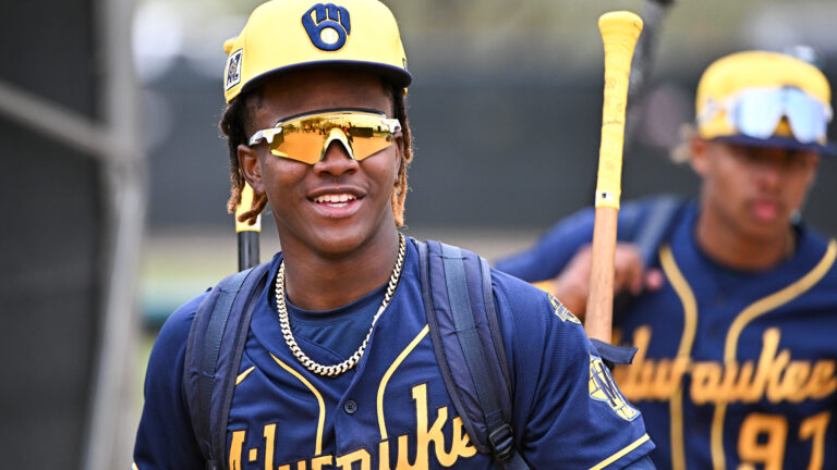 GLENDALE, ARIZONA - MARCH 13, 2025: Jesús Made #11 of the Milwaukee Brewers looks on after a minor league spring training game against the Chicago White Sox at Camelback Ranch on March 13, 2025 in Glendale, Arizona. (Photo by Chris Bernacchi/Diamond Images via Getty Images)