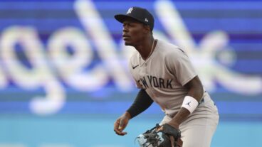 CLEVELAND, OHIO - APRIL 21: Jazz Chisholm Jr. #13 of the New York Yankees in defensive position at second base in the first inning during a game against the Cleveland Guardians at Progressive Field on April 21, 2025 in Cleveland, Ohio. (Photo by Brandon Sloter/Getty Images)