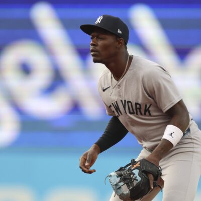 CLEVELAND, OHIO - APRIL 21: Jazz Chisholm Jr. #13 of the New York Yankees in defensive position at second base in the first inning during a game against the Cleveland Guardians at Progressive Field on April 21, 2025 in Cleveland, Ohio. (Photo by Brandon Sloter/Getty Images)