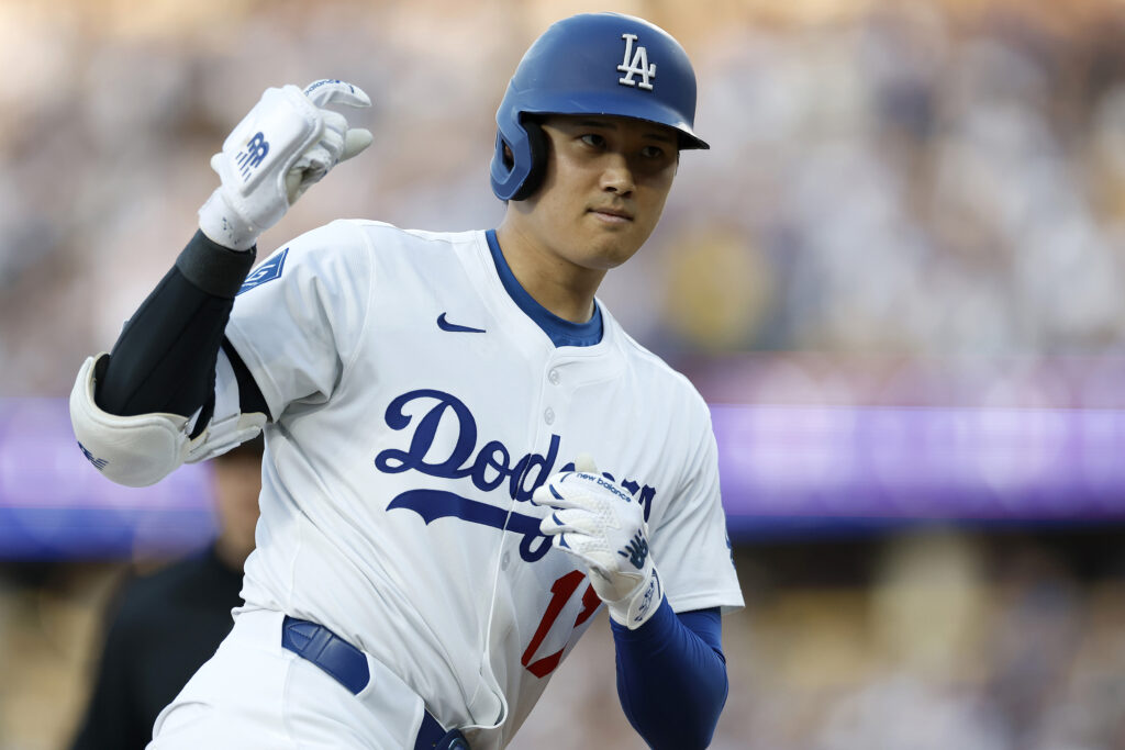 LOS ANGELES, CALIFORNIA - MAY 30: Shohei Ohtani #17 of the Los Angeles Dodgers reacts after a solo home run during the first inning against the New York Yankees at Dodger Stadium on May 30, 2025 in Los Angeles, California. (Photo by Harry How/Getty Images)