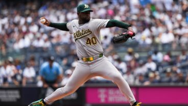 NEW YORK, NY - JUNE 29: Luis Severino #40 of the Athletics pitches during the game between the Athletics and the New York Yankees at Yankee Stadium on Sunday, June 29, 2025 in New York, New York. (Photo by Evan Yu/MLB Photos via Getty Images)