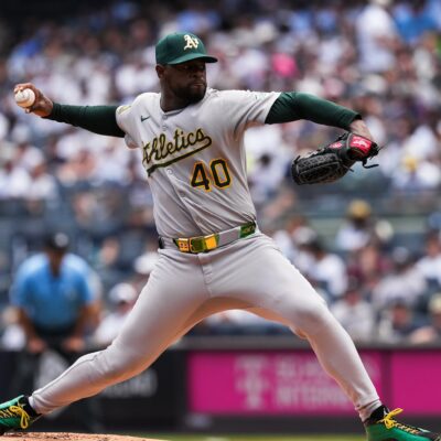 NEW YORK, NY - JUNE 29: Luis Severino #40 of the Athletics pitches during the game between the Athletics and the New York Yankees at Yankee Stadium on Sunday, June 29, 2025 in New York, New York. (Photo by Evan Yu/MLB Photos via Getty Images)