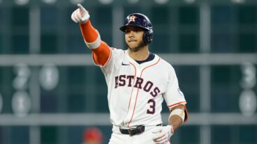 HOUSTON, TEXAS - JUNE 25: Jeremy Pena #3 of the Houston Astros reacts after a double in the first inning against the Philadelphia Phillies at Daikin Park on June 25, 2025 in Houston, Texas. (Photo by Tim Warner/Getty Images)