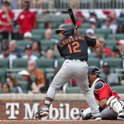 ATLANTA, GA - JULY 04: Ramón Laureano #12 of the Baltimore Orioles bats in the first inning during the game between the Baltimore Orioles and the Atlanta Braves at Truist Park on Friday, July 4, 2025 in Atlanta, Georgia. (Photo by Mady Mertens/MLB Photos via Getty Images)
