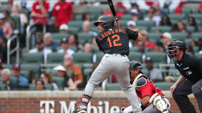 ATLANTA, GA - JULY 04: Ramón Laureano #12 of the Baltimore Orioles bats in the first inning during the game between the Baltimore Orioles and the Atlanta Braves at Truist Park on Friday, July 4, 2025 in Atlanta, Georgia. (Photo by Mady Mertens/MLB Photos via Getty Images)
