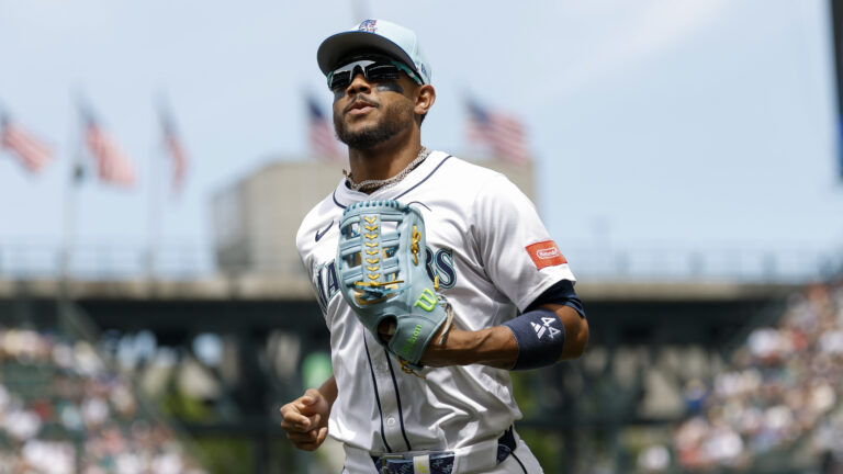 SEATTLE, WASHINGTON - JULY 04: Julio Rodríguez #44 of the Seattle Mariners jogs on the field during the game against the Pittsburgh Pirates at T-Mobile Park on July 04, 2025 in Seattle, Washington. The Seattle Mariners won 6-0. (Photo by Alika Jenner/Getty Images)