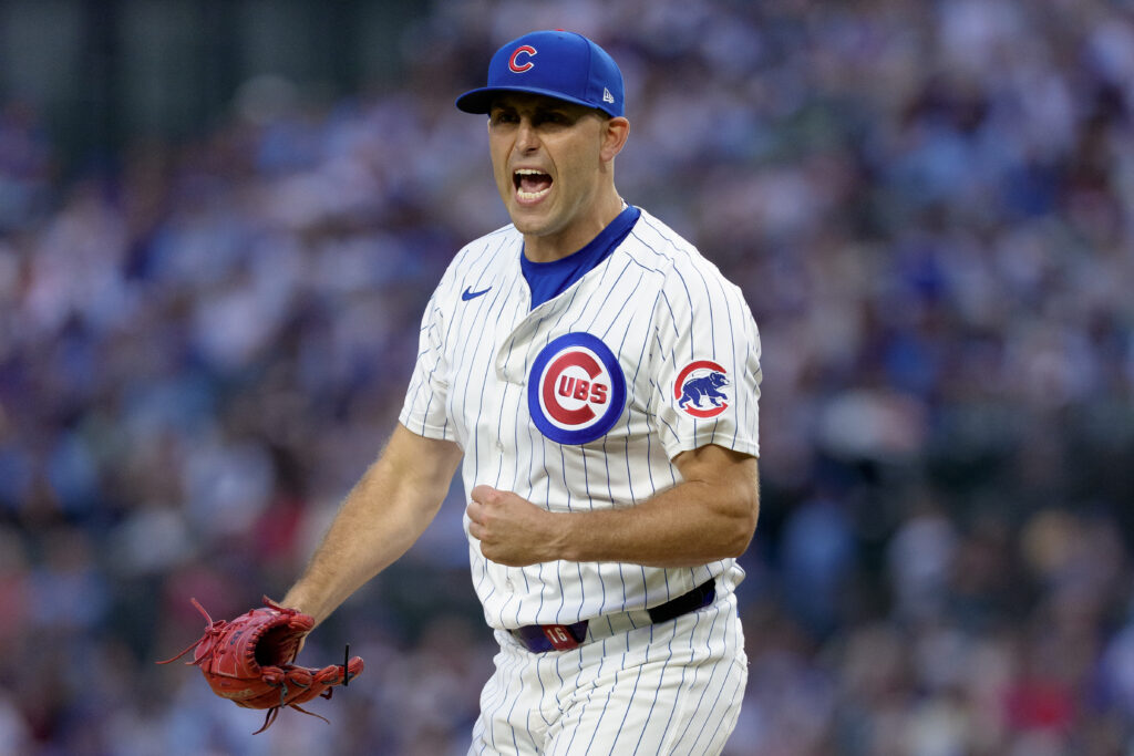 CHICAGO, ILLINOIS - JULY 6: Matthew Boyd #6 of the Chicago Cubs reacts in the top of the third inning of a game against the St Louis Cardinals at Wrigley Field on July 6, 2025 in Chicago, Illinois. (Photo by Matt Dirksen/Chicago Cubs/Getty Images)