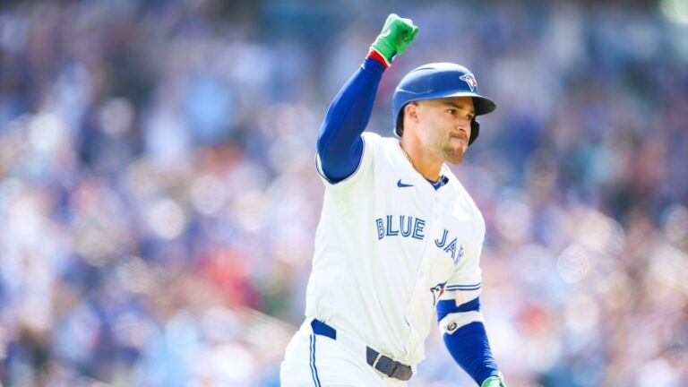 TORONTO, CANADA - JULY 5: George Springer #4 of the Toronto Blue Jays reacts as he rounds the bases on a two-run home run to score in Nathan Lukes #38 in the third inning of their MLB game against the Los Angeles Angels at Rogers Centre on July 5, 2025 in Toronto, Ontario, Canada. (Photo by Cole Burston/Getty Images)
