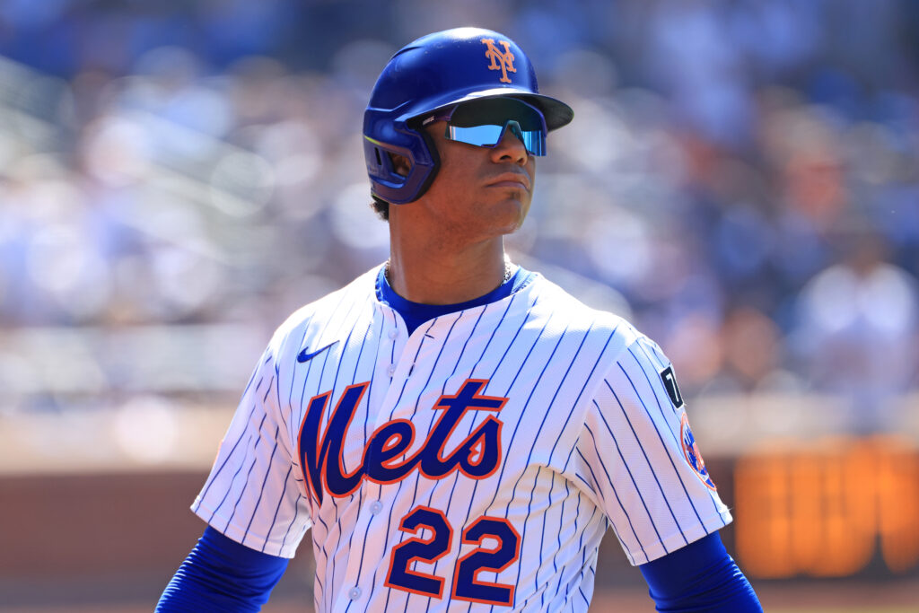 NEW YORK, NEW YORK - JULY 06: Juan Soto #22 of the New York Mets looks on while walking back to the dugout against the New York Yankees at Citi Field on July 06, 2025 in New York City. (Photo by Justin Casterline/Getty Images)