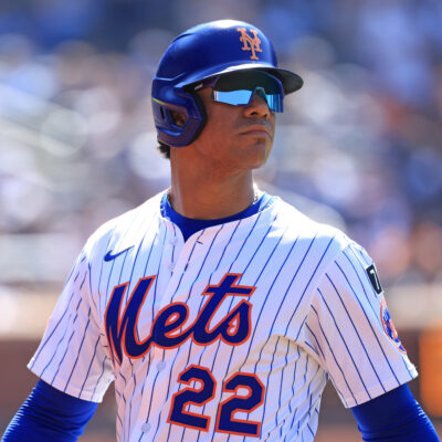 NEW YORK, NEW YORK - JULY 06: Juan Soto #22 of the New York Mets looks on while walking back to the dugout against the New York Yankees at Citi Field on July 06, 2025 in New York City. (Photo by Justin Casterline/Getty Images)