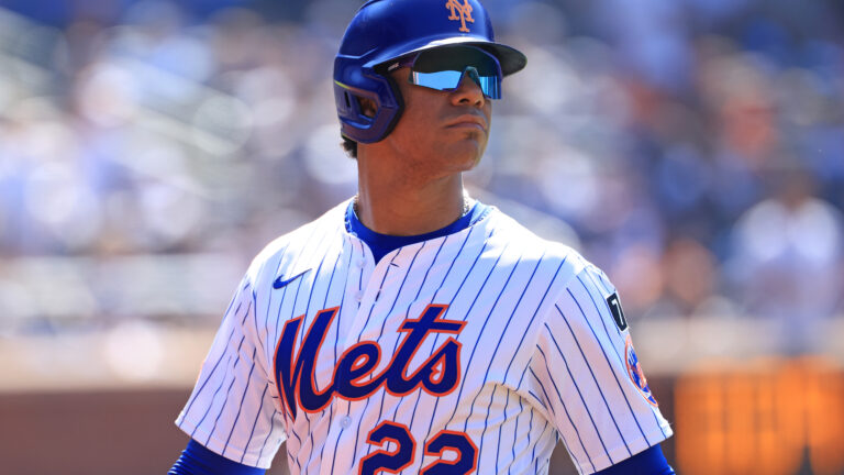 NEW YORK, NEW YORK - JULY 06: Juan Soto #22 of the New York Mets looks on while walking back to the dugout against the New York Yankees at Citi Field on July 06, 2025 in New York City. (Photo by Justin Casterline/Getty Images)