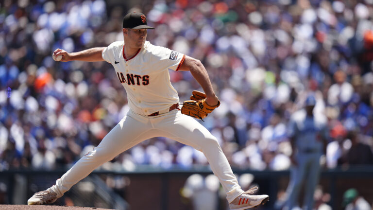 SAN FRANCISCO, CALIFORNIA - JULY 12: Landen Roupp #65 of the San Francisco Giants pitches during the game at Oracle Park on July 12, 2025 in San Francisco, California. (Photo by Andy Kuno/San Francisco Giants/Getty Images)