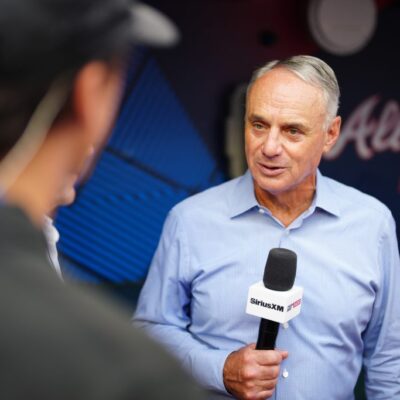 ATLANTA, GA - JULY 15: Commissioner of Major League Baseball Robert D. Manfred Jr. talks in an interview prior to the 95th MLB All-Star Game presented by Mastercard at Truist Park on Tuesday, July 15, 2025 in Atlanta, Georgia. (Photo by Daniel Shirey/MLB Photos via Getty Images)